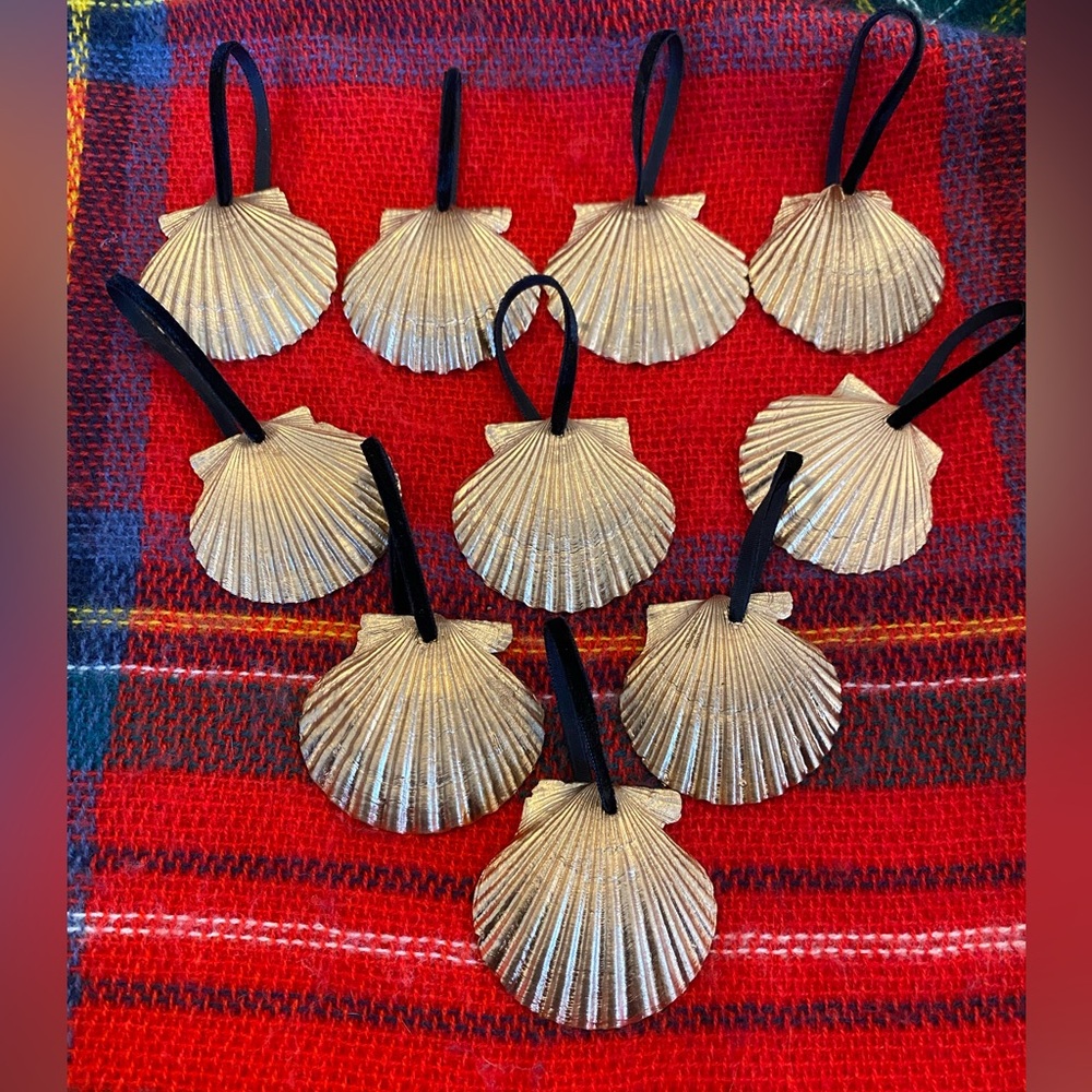 Lot of 10 Gold Shell Ornaments with Black Velvet Ribbon